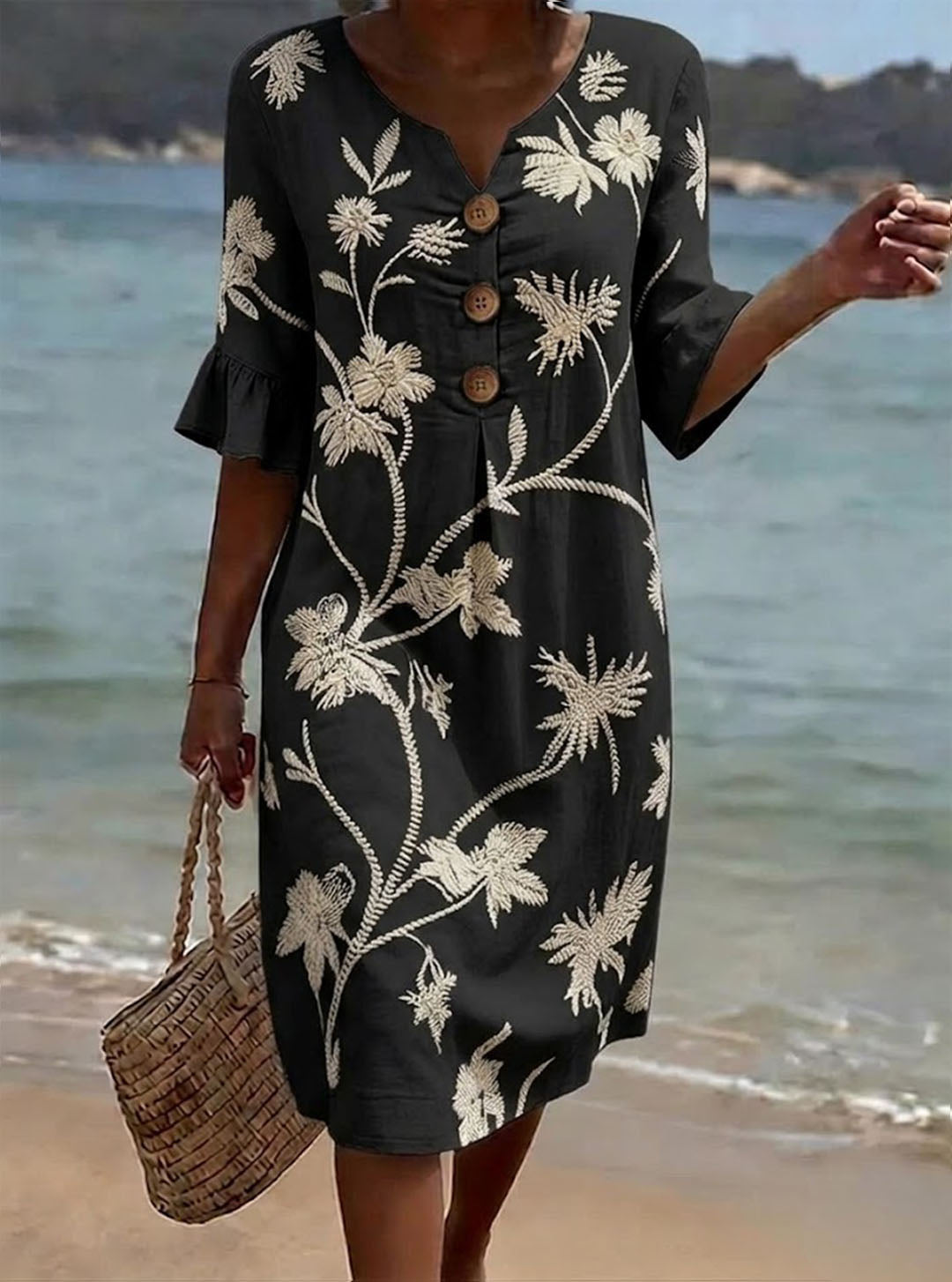 Eloise | 3/4 Sleeve V-Neck Floral Print Casual Cotton-Linen Dress