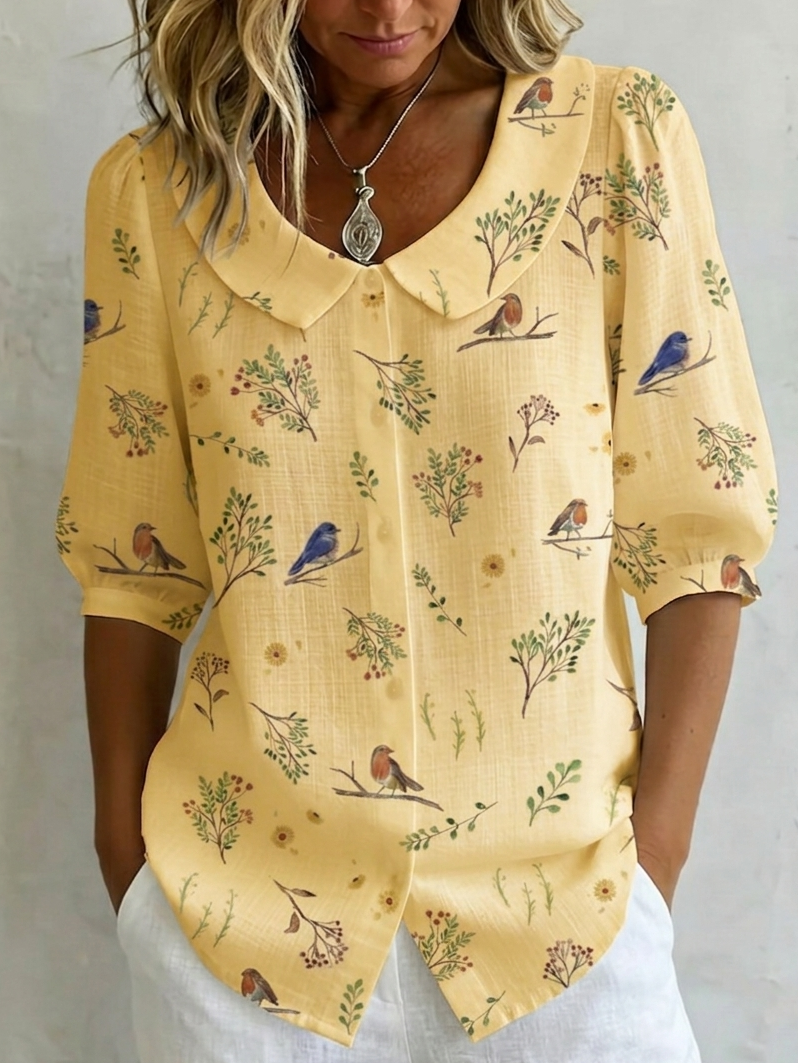 Amira | "Forest Whispers" Peter Pan Collar Linen-Cotton Shirt