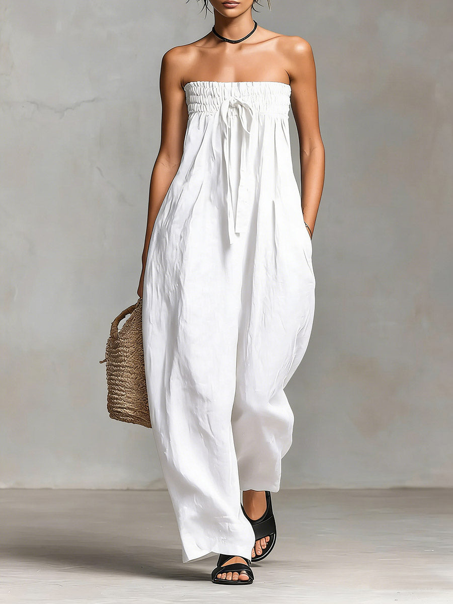 Women's Solid Color Strapless Casual Loose Cotton And Linen Jumpsuit