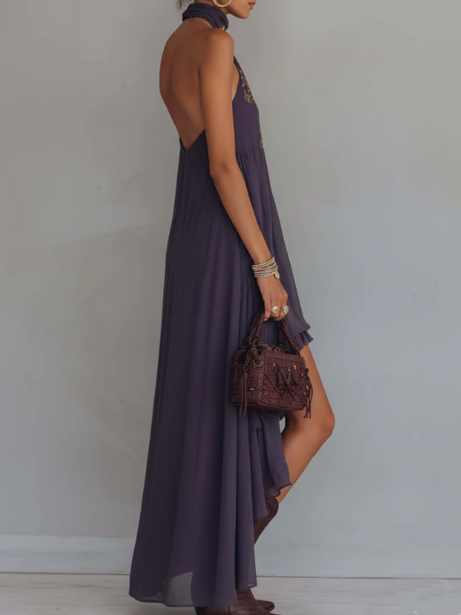 Sarah - Retro Halter Neck Irregular Ruffle Maxi Dress