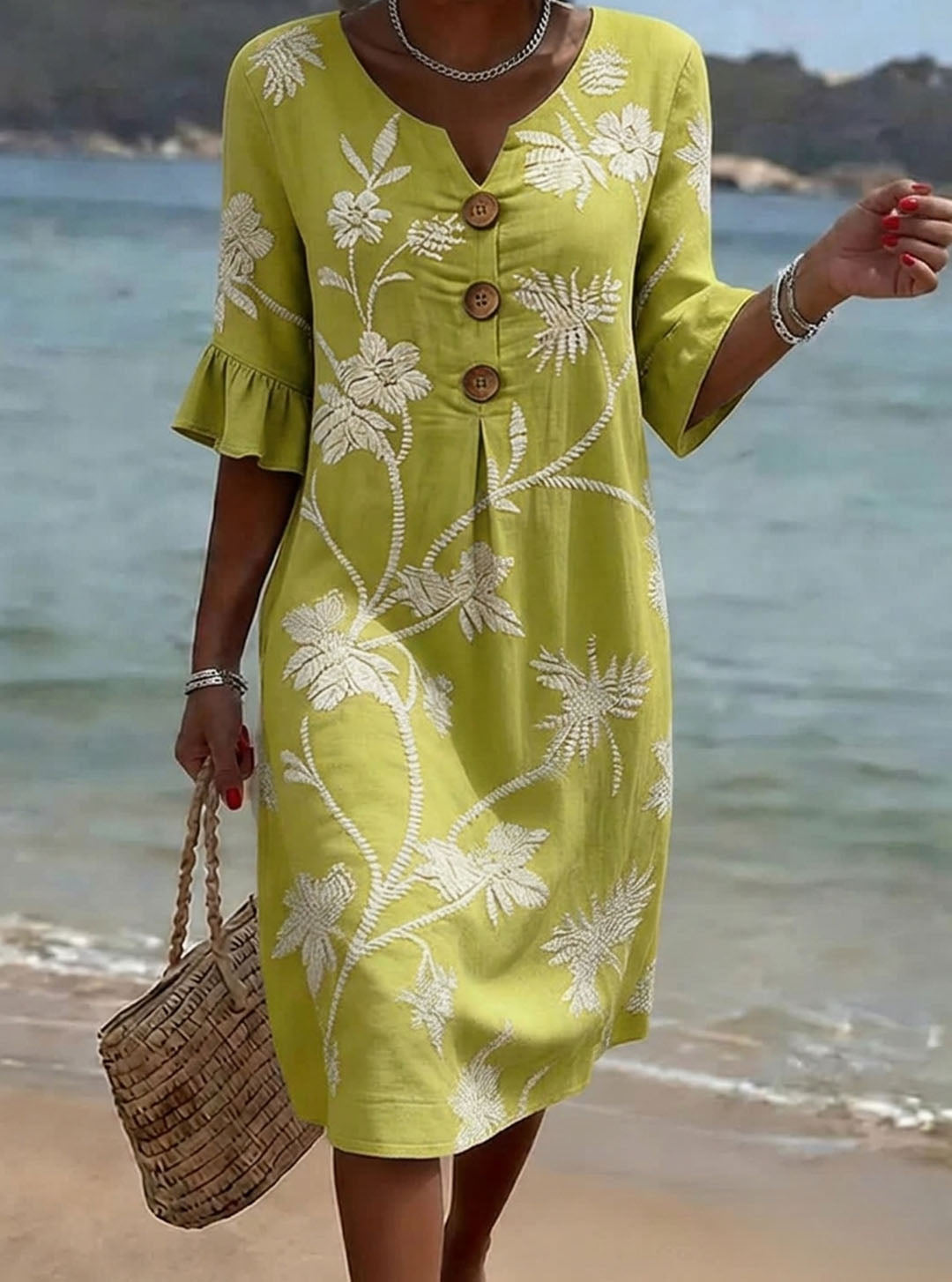 Eloise | 3/4 Sleeve V-Neck Floral Print Casual Cotton-Linen Dress