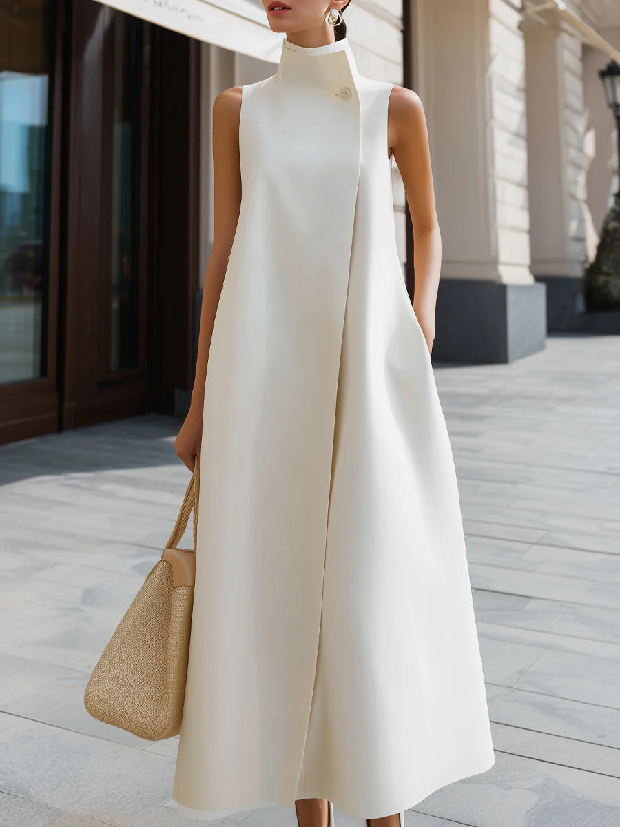 Kayla | Solid Color Stand Collar Sleeveless Casual Loose Cotton Linen Dress
