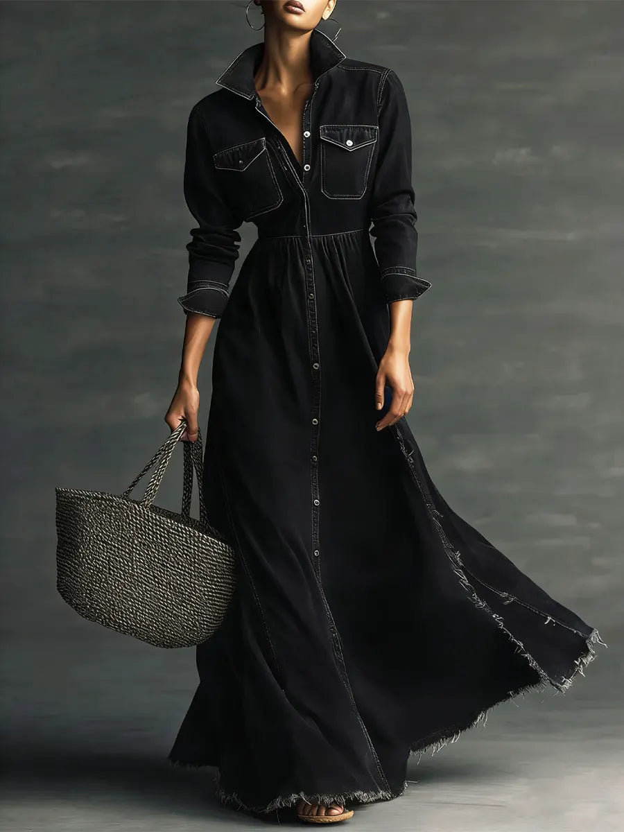 Aurora - Stylish Art Stand Collar Washed Denim Midi Dress