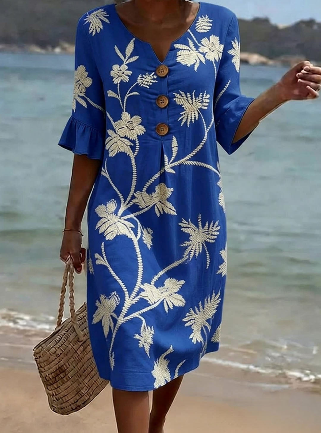 Eloise | 3/4 Sleeve V-Neck Floral Print Casual Cotton-Linen Dress