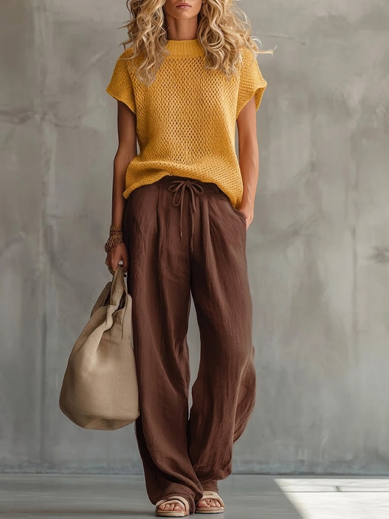 Casual Crew Neck Loose Fit Knitted Pullover Top And Linen-cotton Trousers Two-piece Set