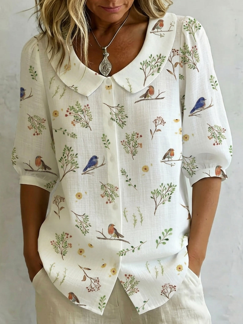 Meera | "Forest Whispers" Peter Pan Collar Linen-Cotton Shirt