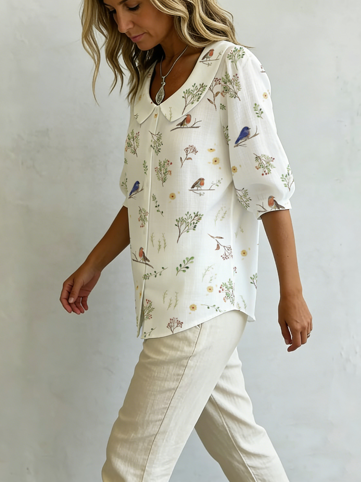 Meera | "Forest Whispers" Peter Pan Collar Linen-Cotton Shirt