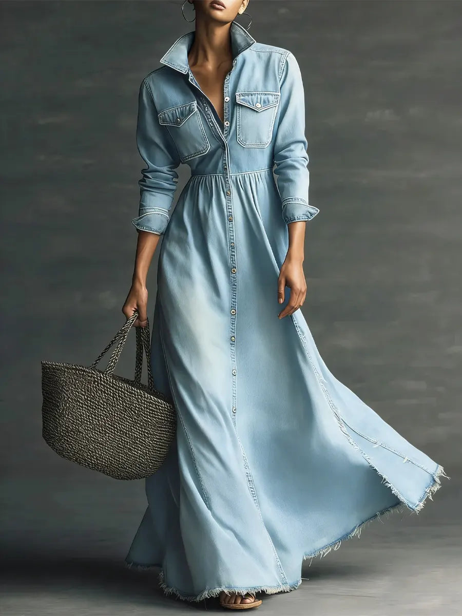 Aurora - Stylish Art Stand Collar Washed Denim Midi Dress