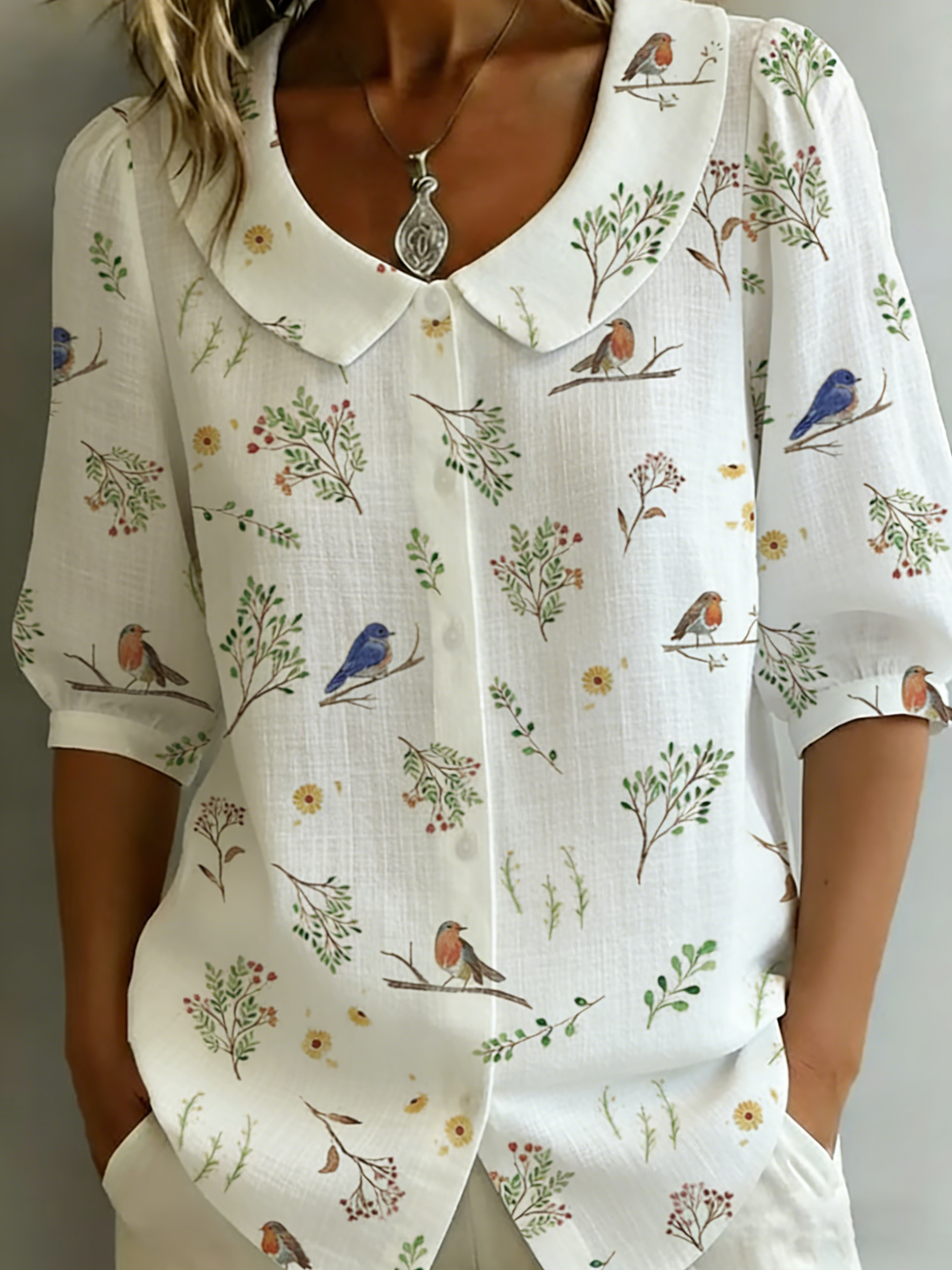 Meera | "Forest Whispers" Peter Pan Collar Linen-Cotton Shirt