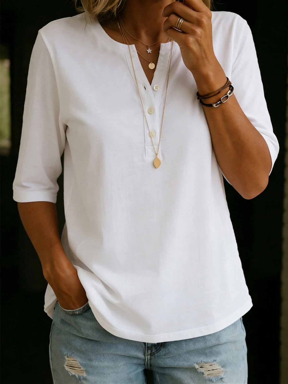 Ivy - Classic Henley Collar 100% Cotton T-shirt