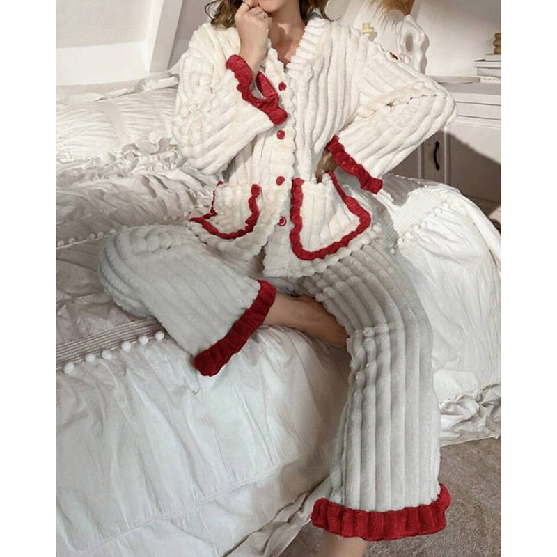 Winifred | Plush Ruffle Trim Pajama Set
