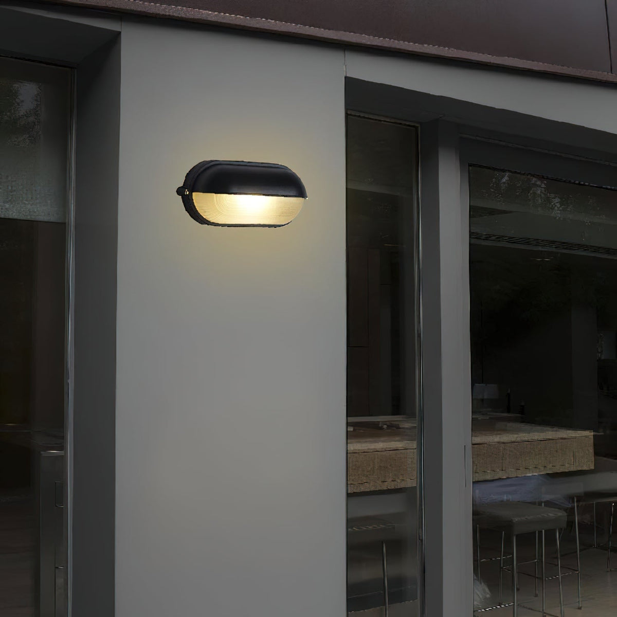 Outdoor Bulkhead Wall Light with Oval Shield and Ribbed Glass Diffuser