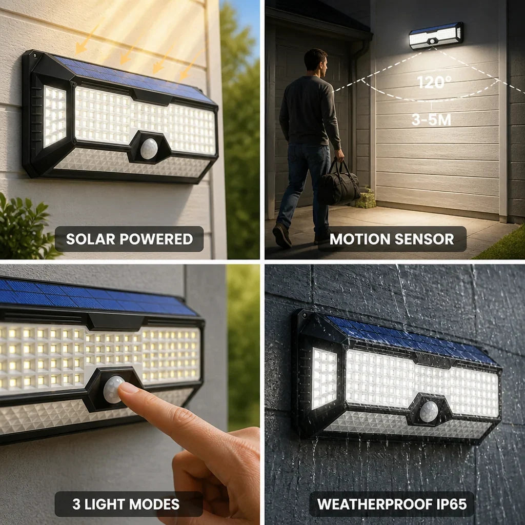 Outdoor Motion Sensor Light | Solar-Powered & IP65 Weatherproof | 120° Detection