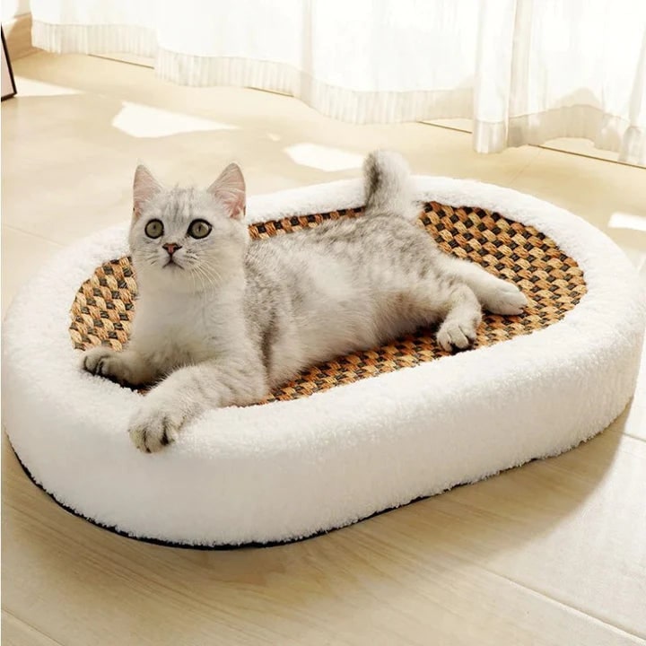 Oval Plush Cat Scratcher Bed with Woven Mat and Padded Bolster