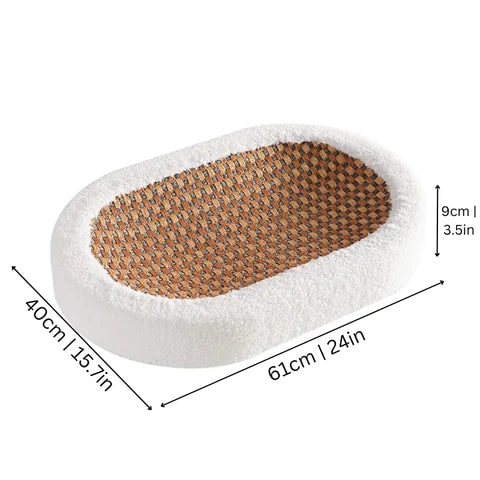 Oval Plush Cat Scratcher Bed with Woven Mat and Padded Bolster