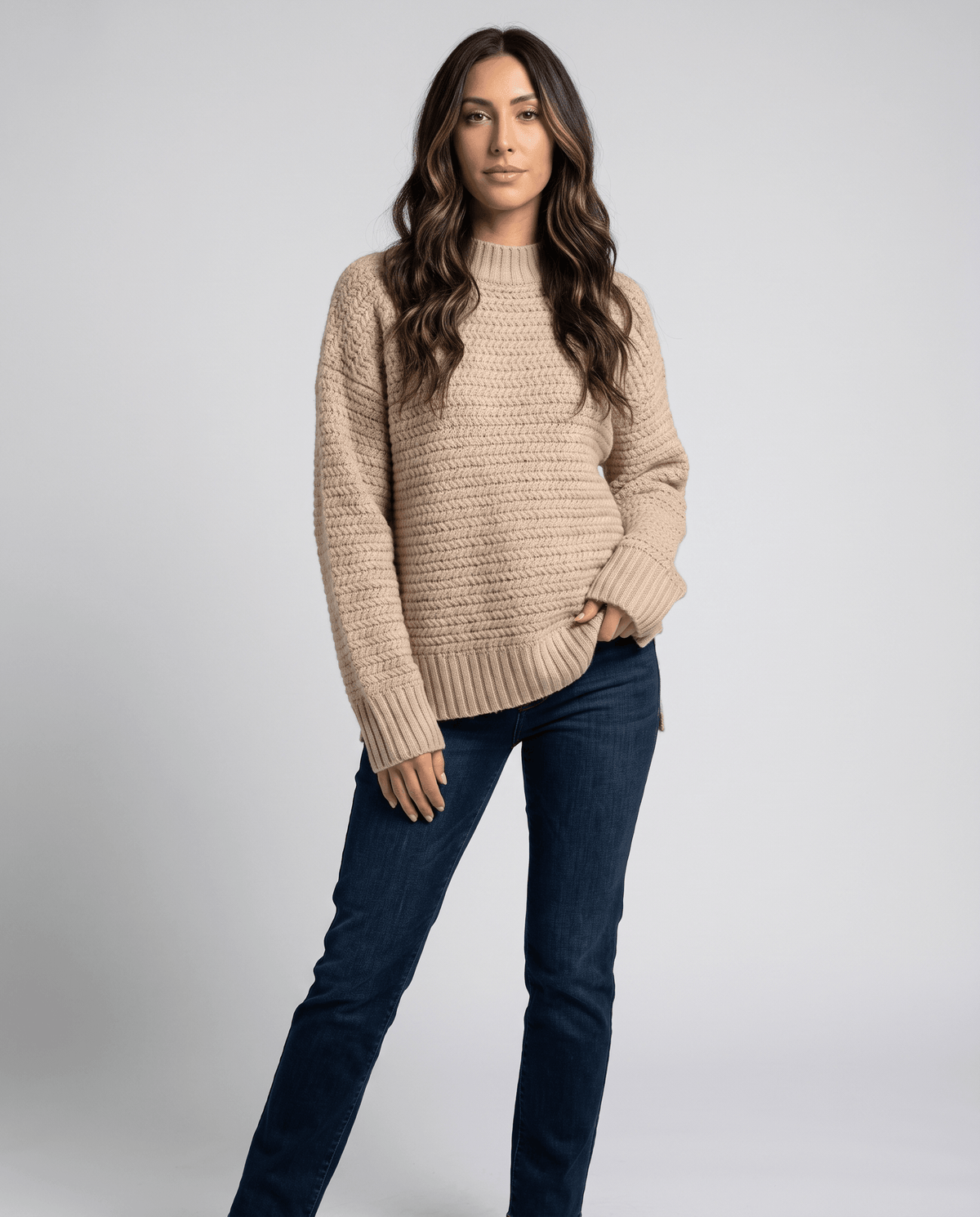 Oversized Mock Neck Sweater – Long Sleeve, Textured Knit & Side Slits | Kryzel