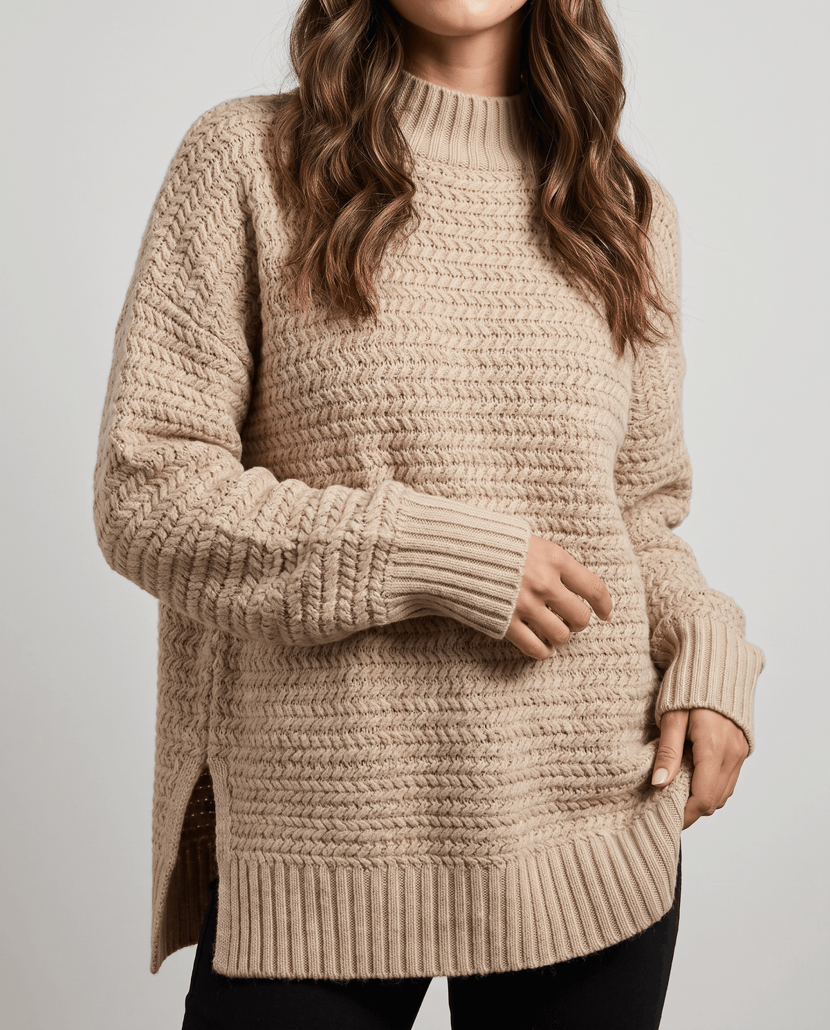 Oversized Mock Neck Sweater – Long Sleeve, Textured Knit & Side Slits | Kryzel