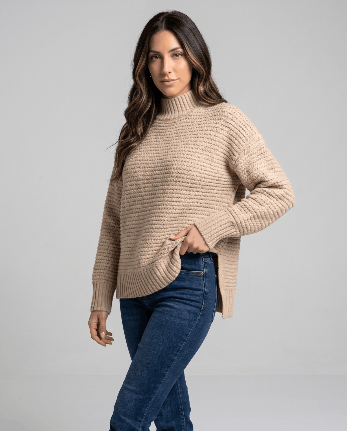 Oversized Mock Neck Sweater – Long Sleeve, Textured Knit & Side Slits | Kryzel