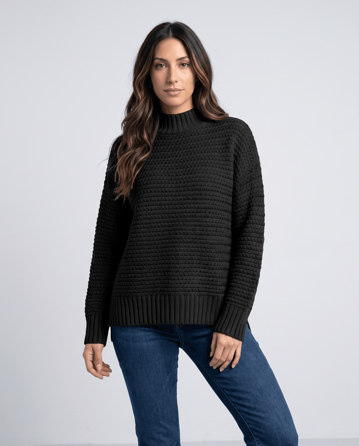 Oversized Mock Neck Sweater – Long Sleeve, Textured Knit & Side Slits | Kryzel