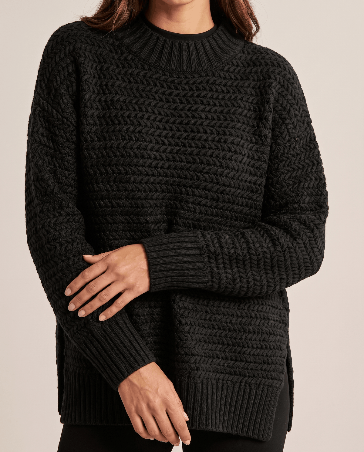 Oversized Mock Neck Sweater – Long Sleeve, Textured Knit & Side Slits | Kryzel