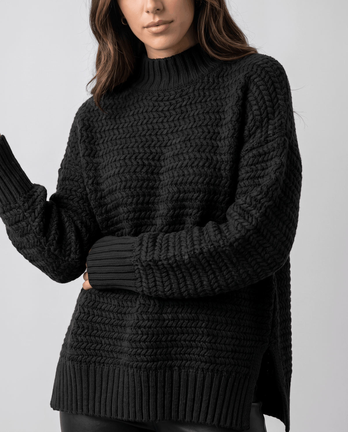 Oversized Mock Neck Sweater – Long Sleeve, Textured Knit & Side Slits | Kryzel