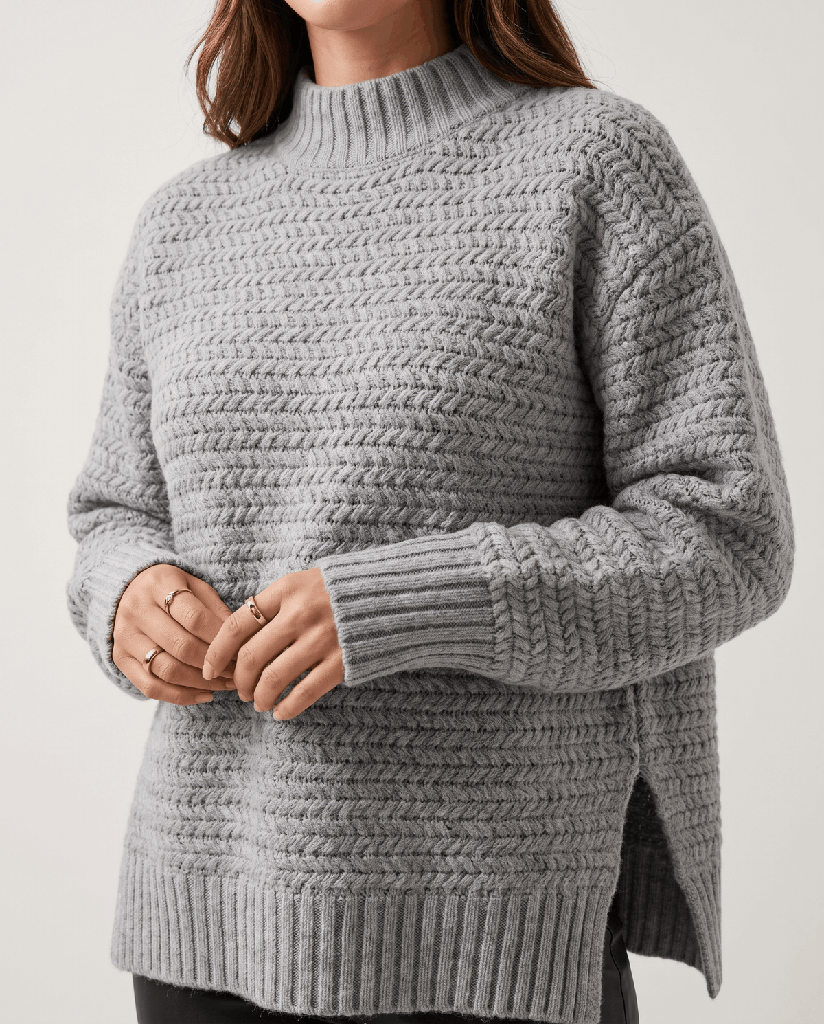Oversized Mock Neck Sweater – Long Sleeve, Textured Knit & Side Slits | Kryzel