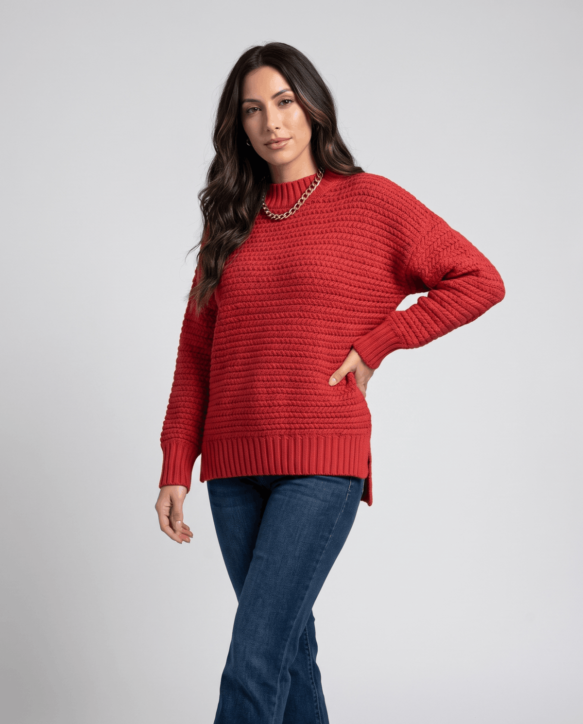 Oversized Mock Neck Sweater – Long Sleeve, Textured Knit & Side Slits | Kryzel