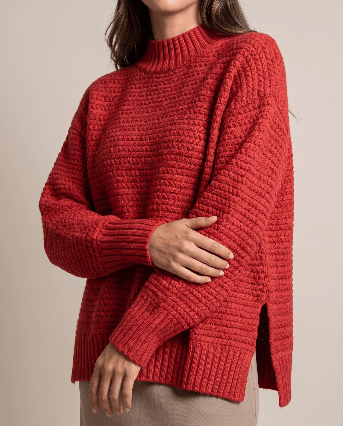 Oversized Mock Neck Sweater – Long Sleeve, Textured Knit & Side Slits | Kryzel