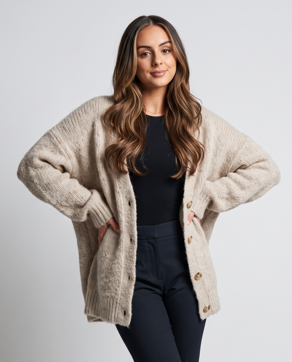 Oversized V-Neck Cardigan Sweater – Fuzzy Wool Knit, Drop Shoulder & Button Front | Zelie