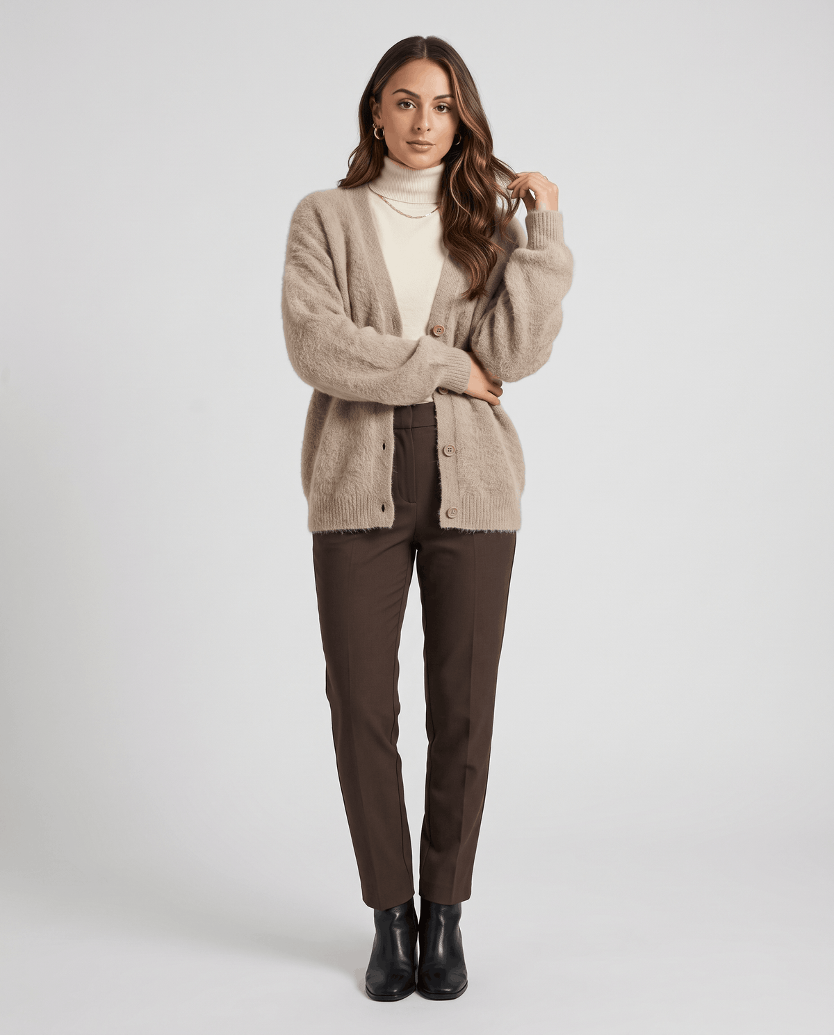 Oversized V-Neck Cardigan Sweater – Fuzzy Wool Knit, Drop Shoulder & Button Front | Zelie