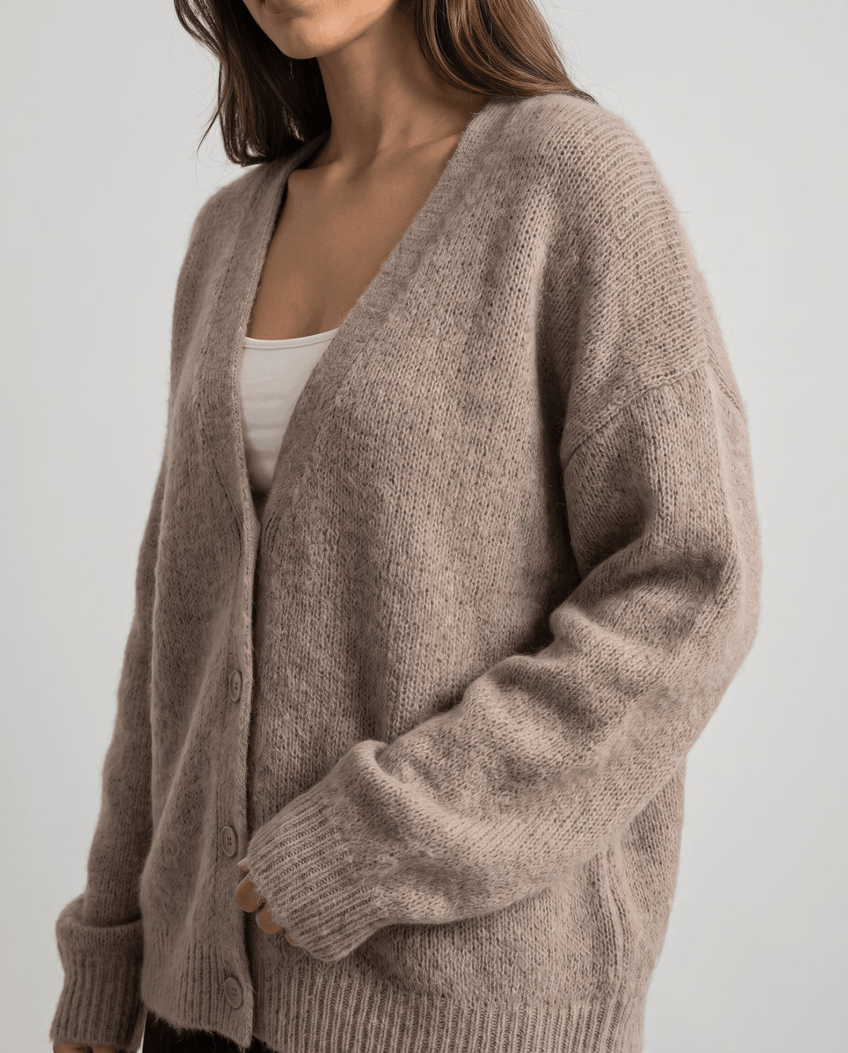 Oversized V-Neck Cardigan Sweater – Fuzzy Wool Knit, Drop Shoulder & Button Front | Zelie