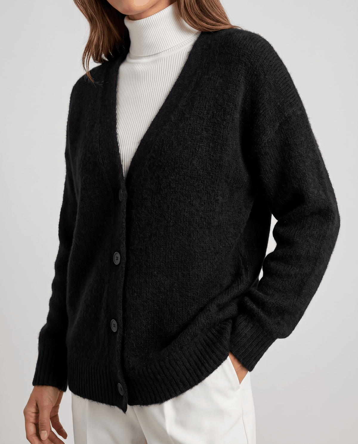 Oversized V-Neck Cardigan Sweater – Fuzzy Wool Knit, Drop Shoulder & Button Front | Zelie