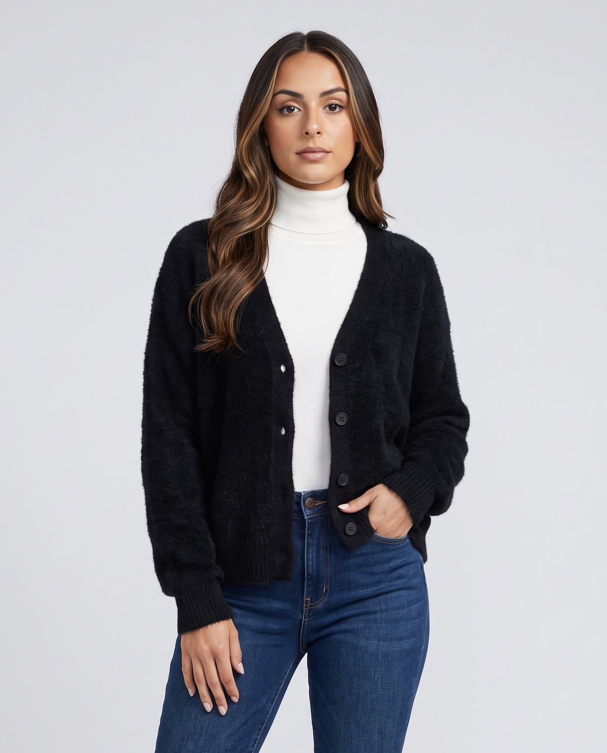 Oversized V-Neck Cardigan Sweater – Fuzzy Wool Knit, Drop Shoulder & Button Front | Zelie