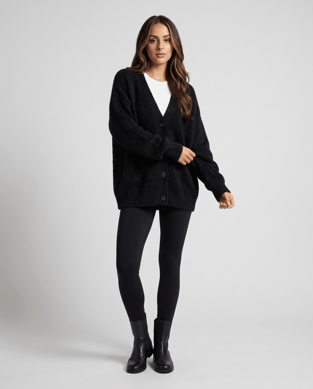 Oversized V-Neck Cardigan Sweater – Fuzzy Wool Knit, Drop Shoulder & Button Front | Zelie