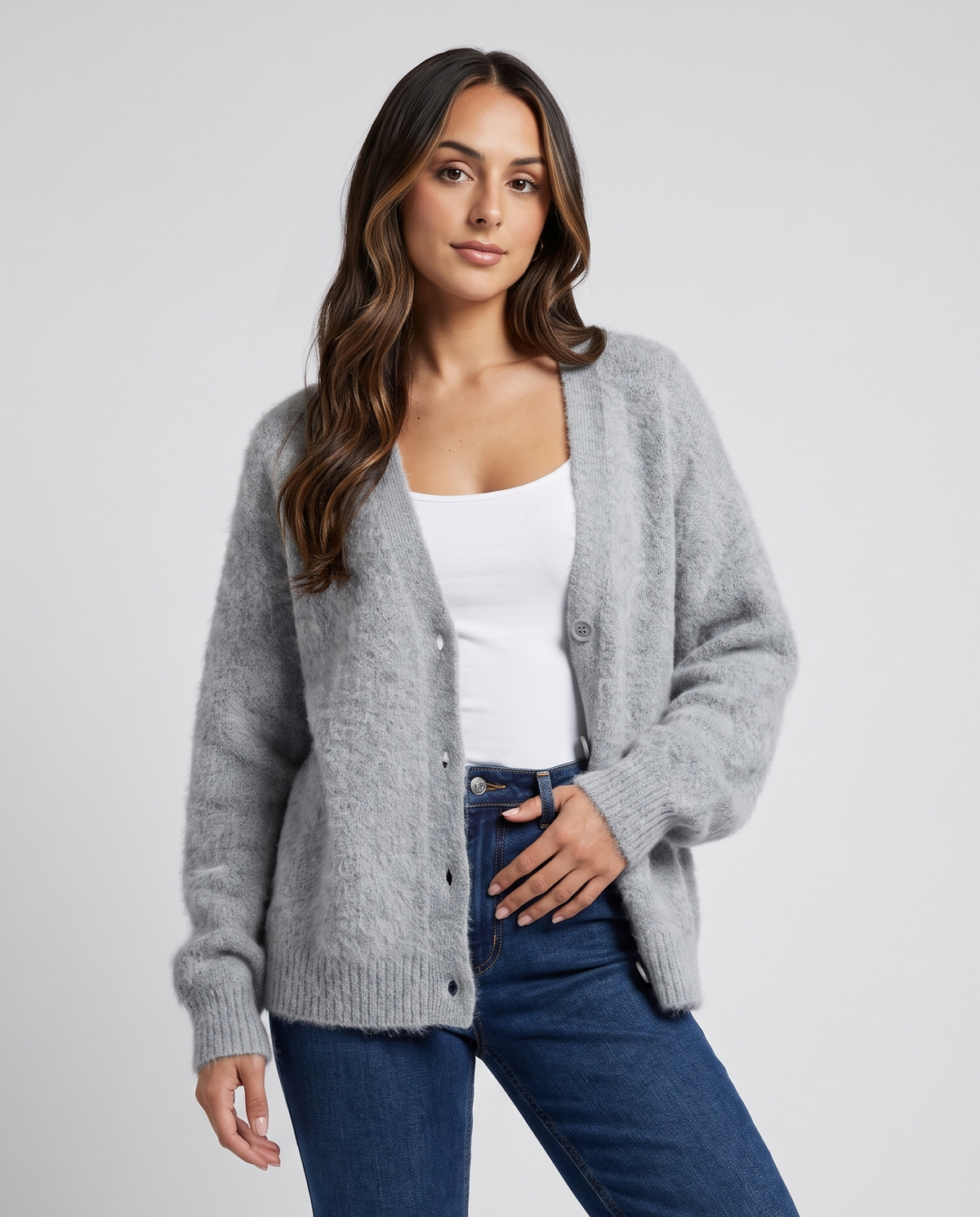 Oversized V-Neck Cardigan Sweater – Fuzzy Wool Knit, Drop Shoulder & Button Front | Zelie