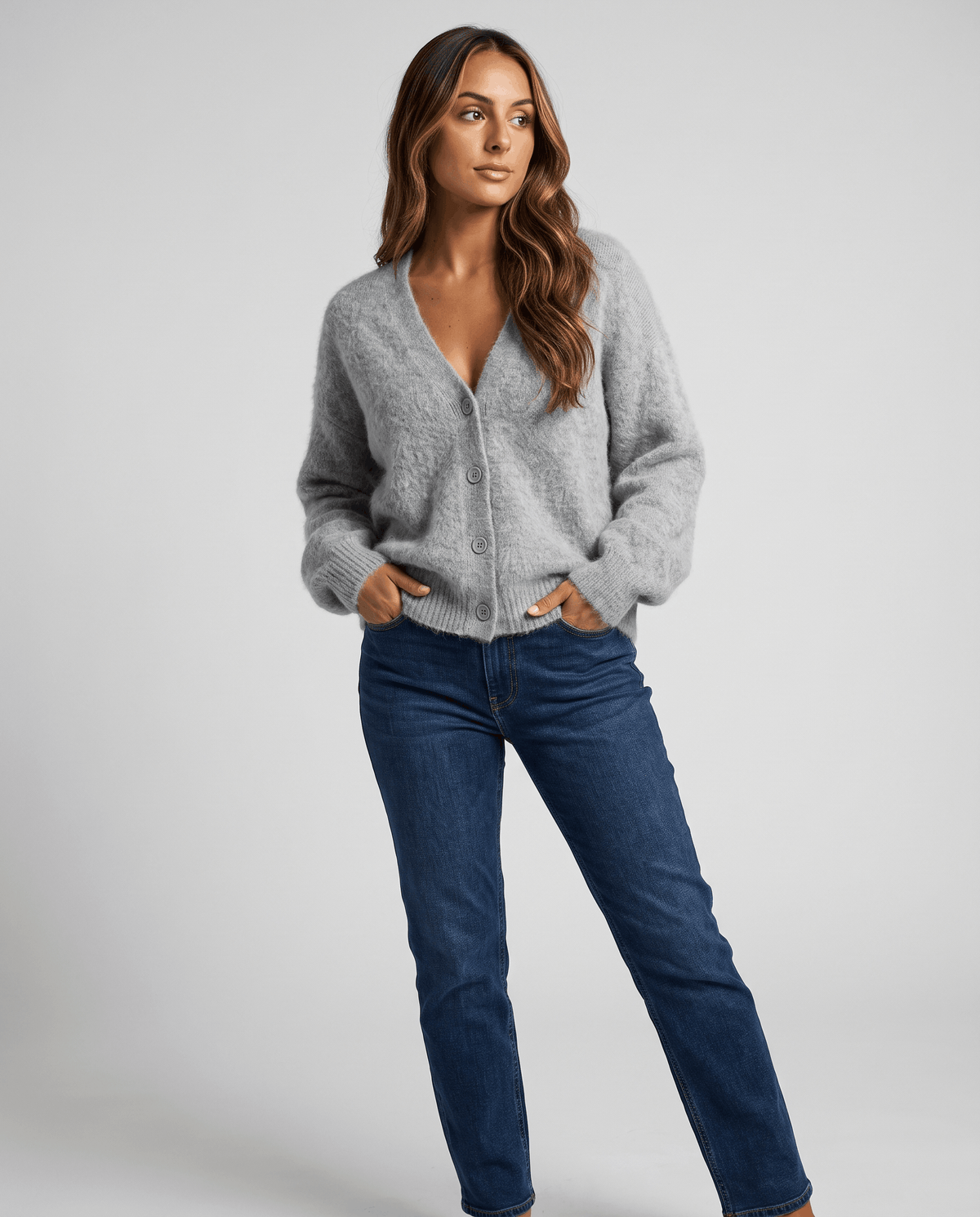 Oversized V-Neck Cardigan Sweater – Fuzzy Wool Knit, Drop Shoulder & Button Front | Zelie