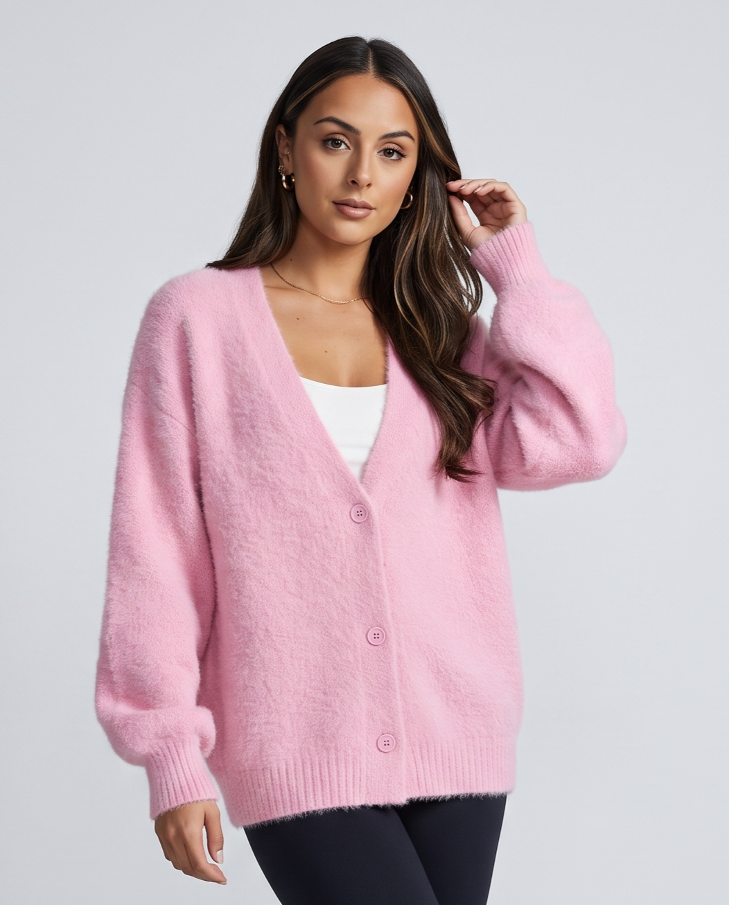 Oversized V-Neck Cardigan Sweater – Fuzzy Wool Knit, Drop Shoulder & Button Front | Zelie