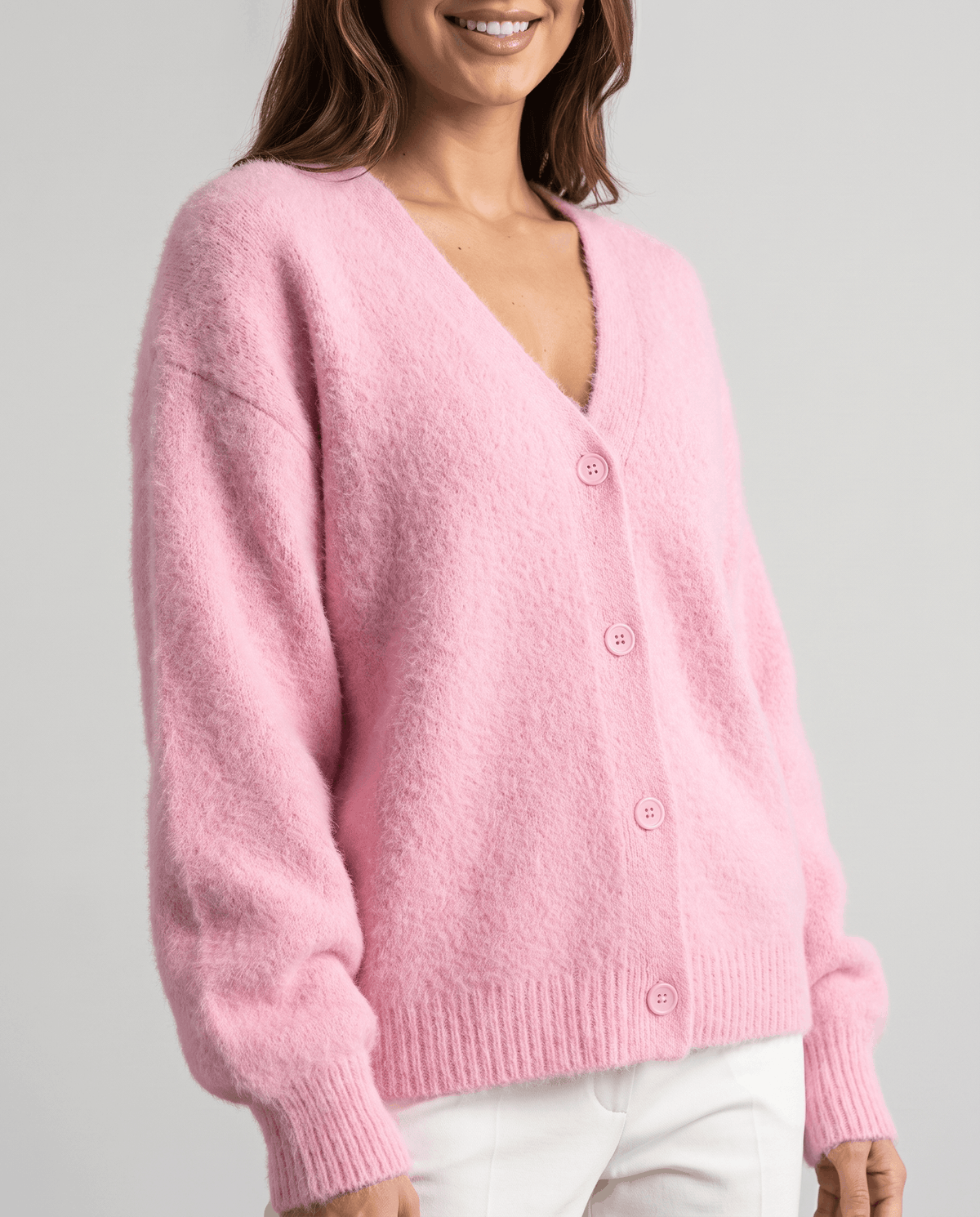Oversized V-Neck Cardigan Sweater – Fuzzy Wool Knit, Drop Shoulder & Button Front | Zelie