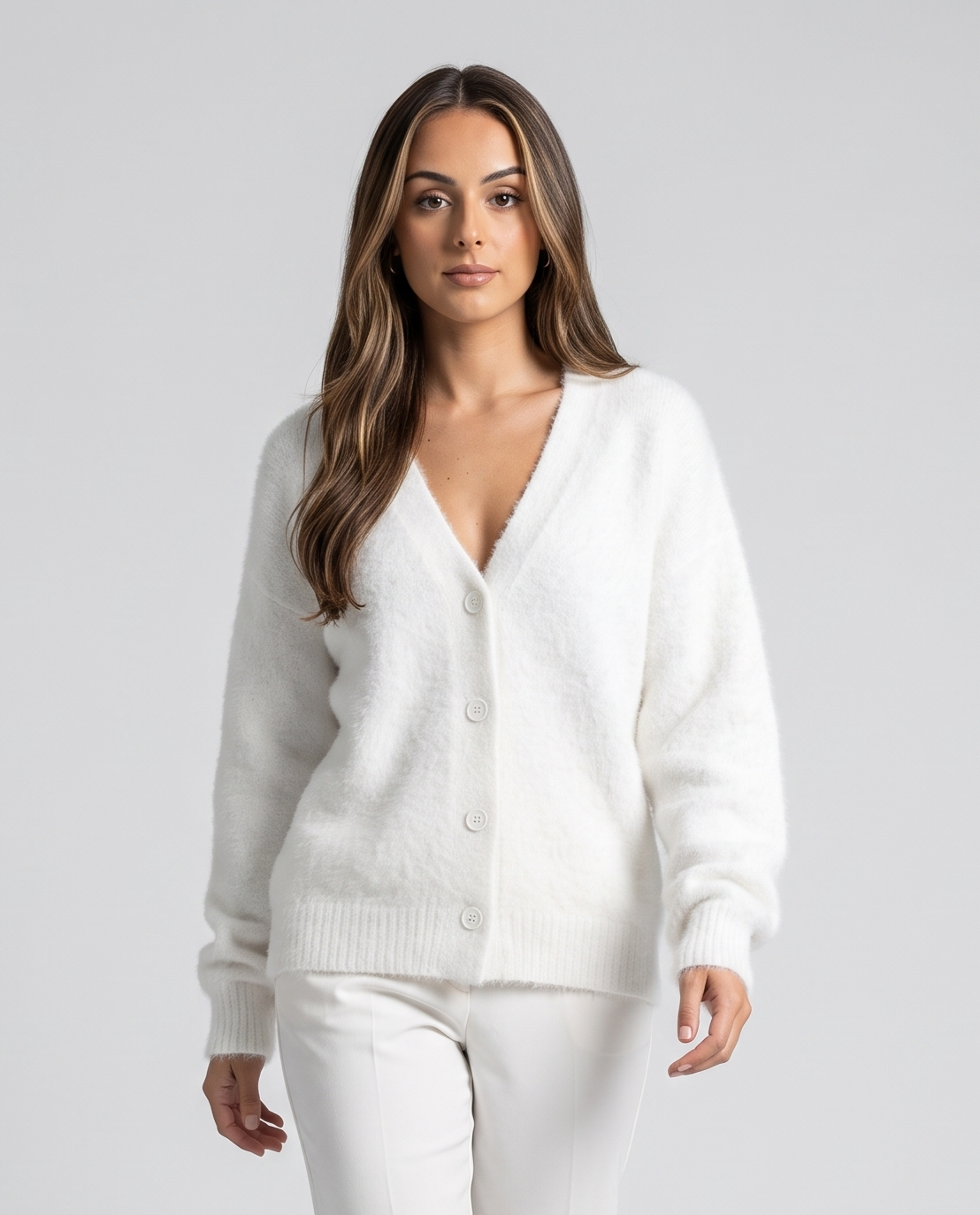 Oversized V-Neck Cardigan Sweater – Fuzzy Wool Knit, Drop Shoulder & Button Front | Zelie