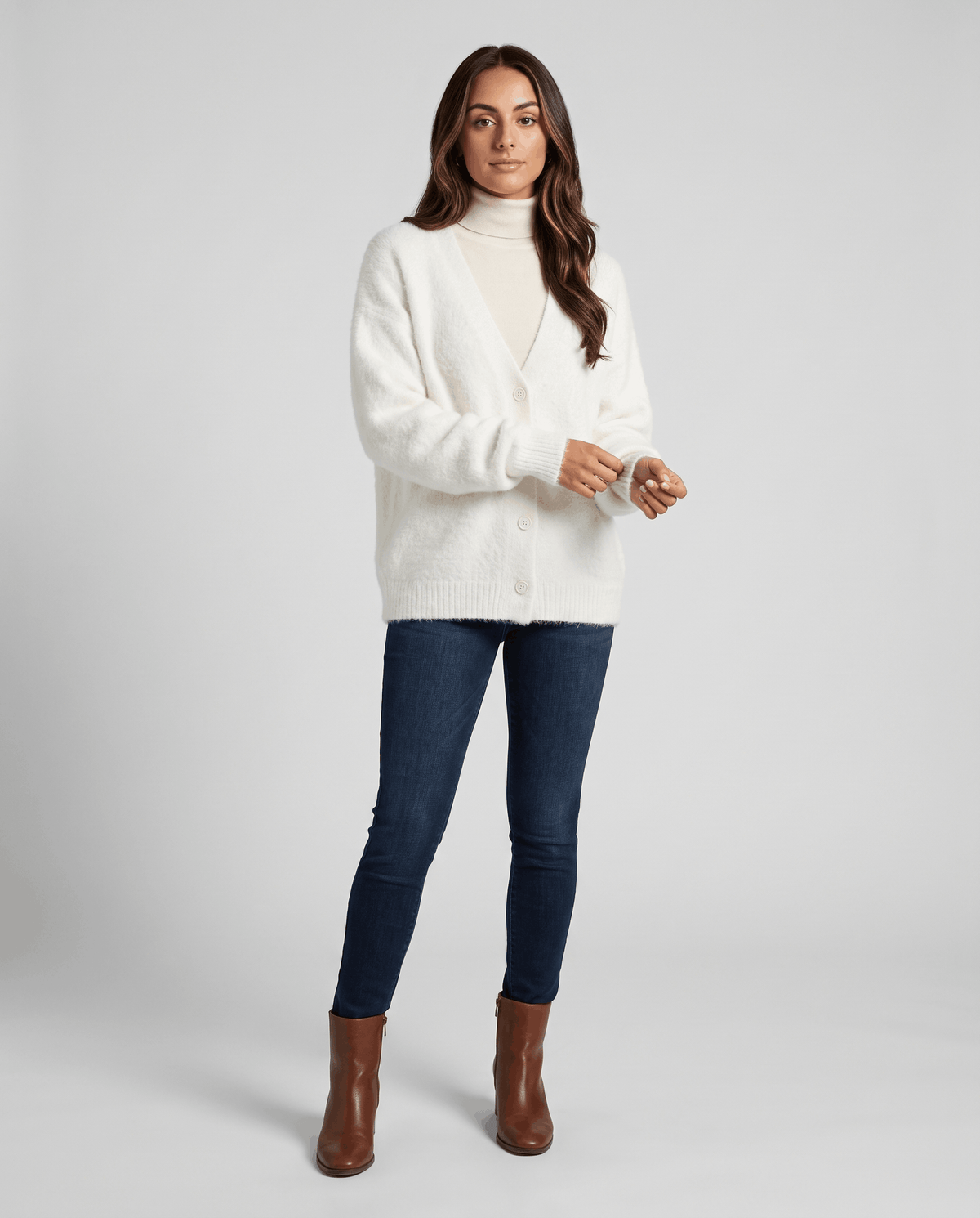 Oversized V-Neck Cardigan Sweater – Fuzzy Wool Knit, Drop Shoulder & Button Front | Zelie
