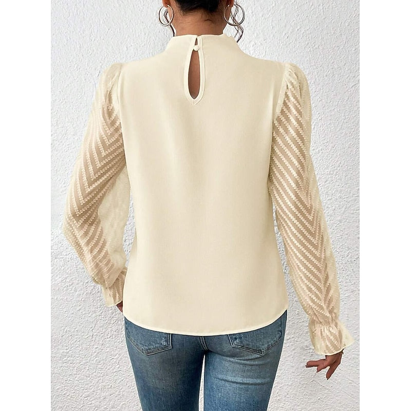 Women's High-Neck Blouse with Textured Sleeves