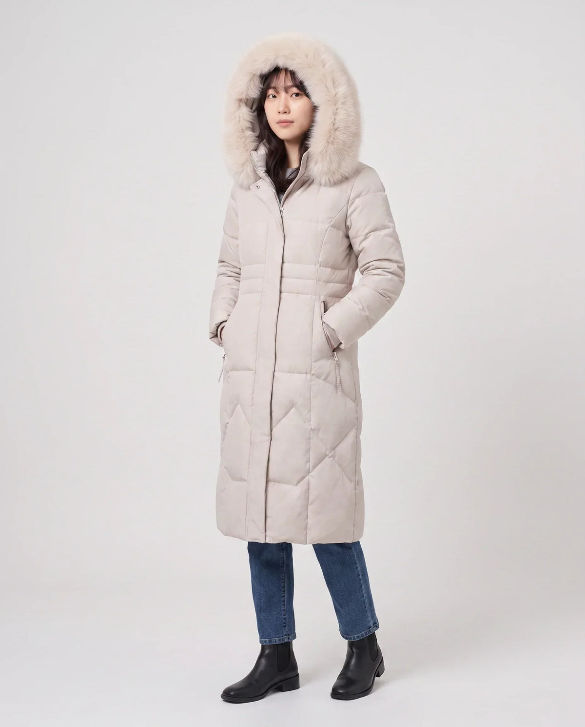Long Fitted Puffer Parka with Faux Fur Hood