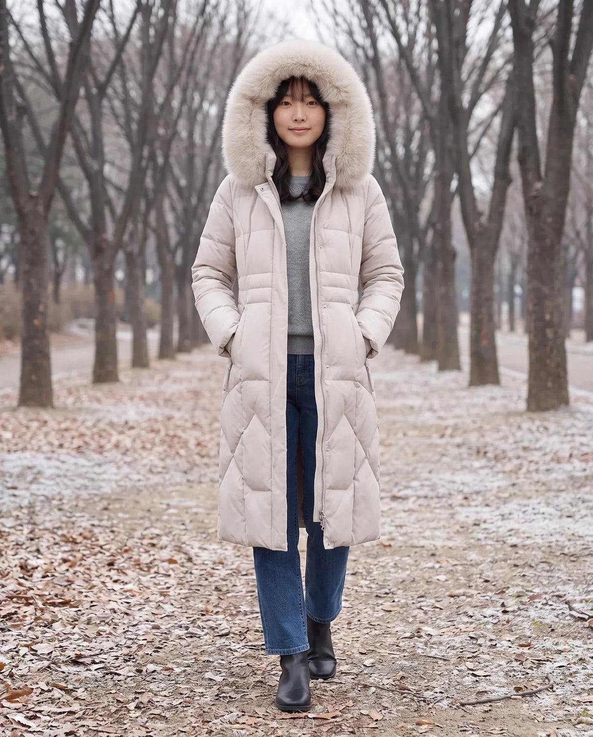 Long Fitted Puffer Parka with Faux Fur Hood