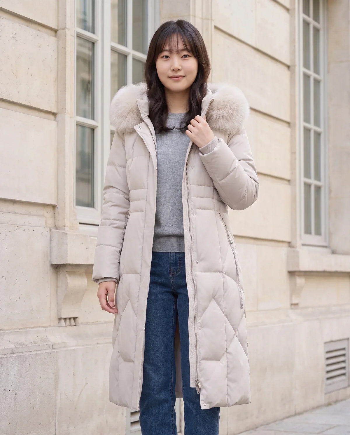 Long Fitted Puffer Parka with Faux Fur Hood