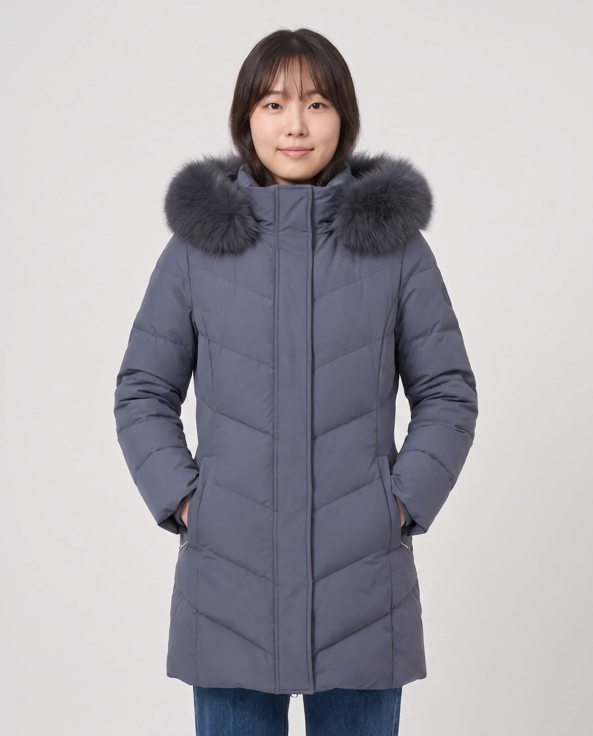 Long Fitted Puffer Parka with Faux Fur Hood