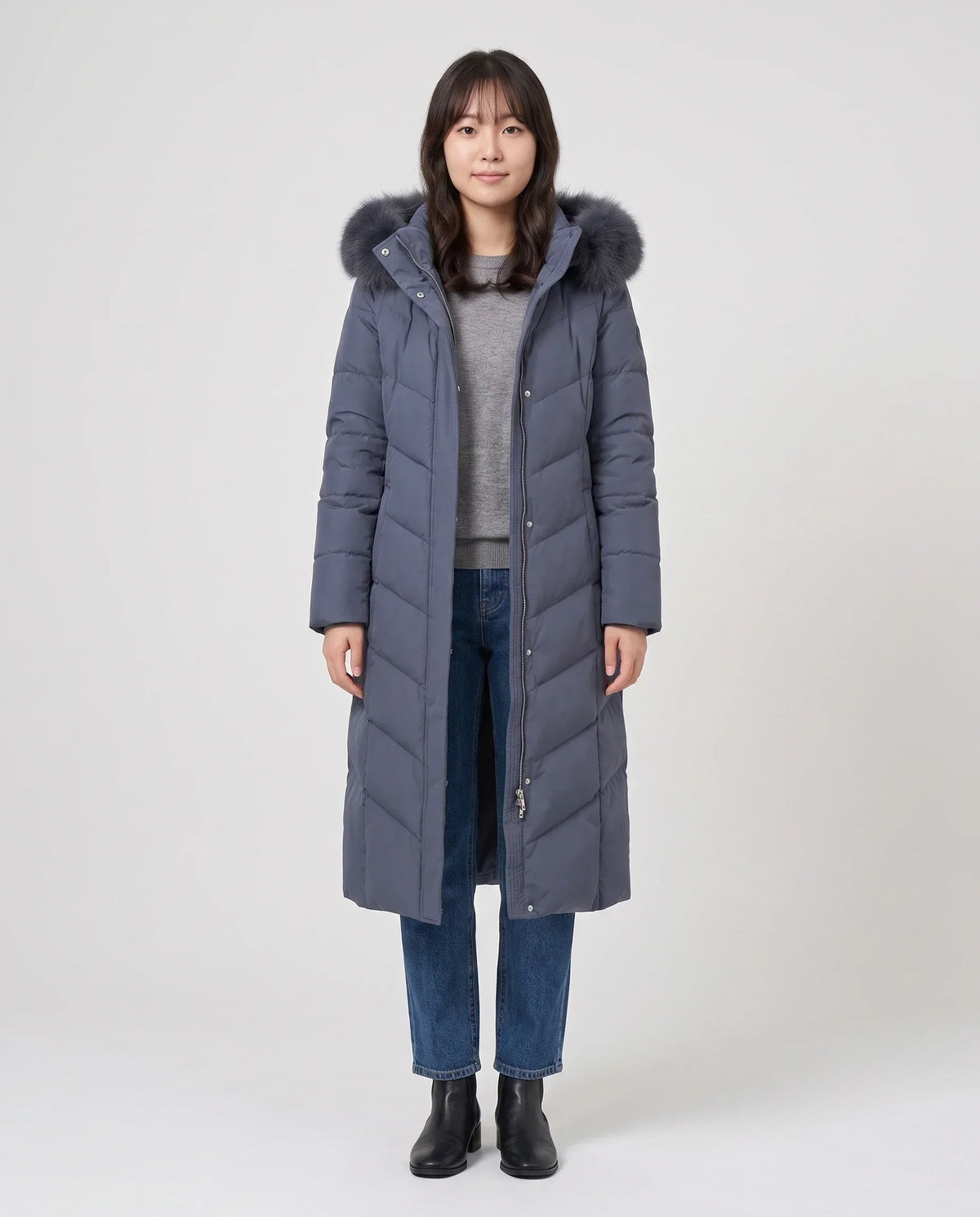 Long Fitted Puffer Parka with Faux Fur Hood