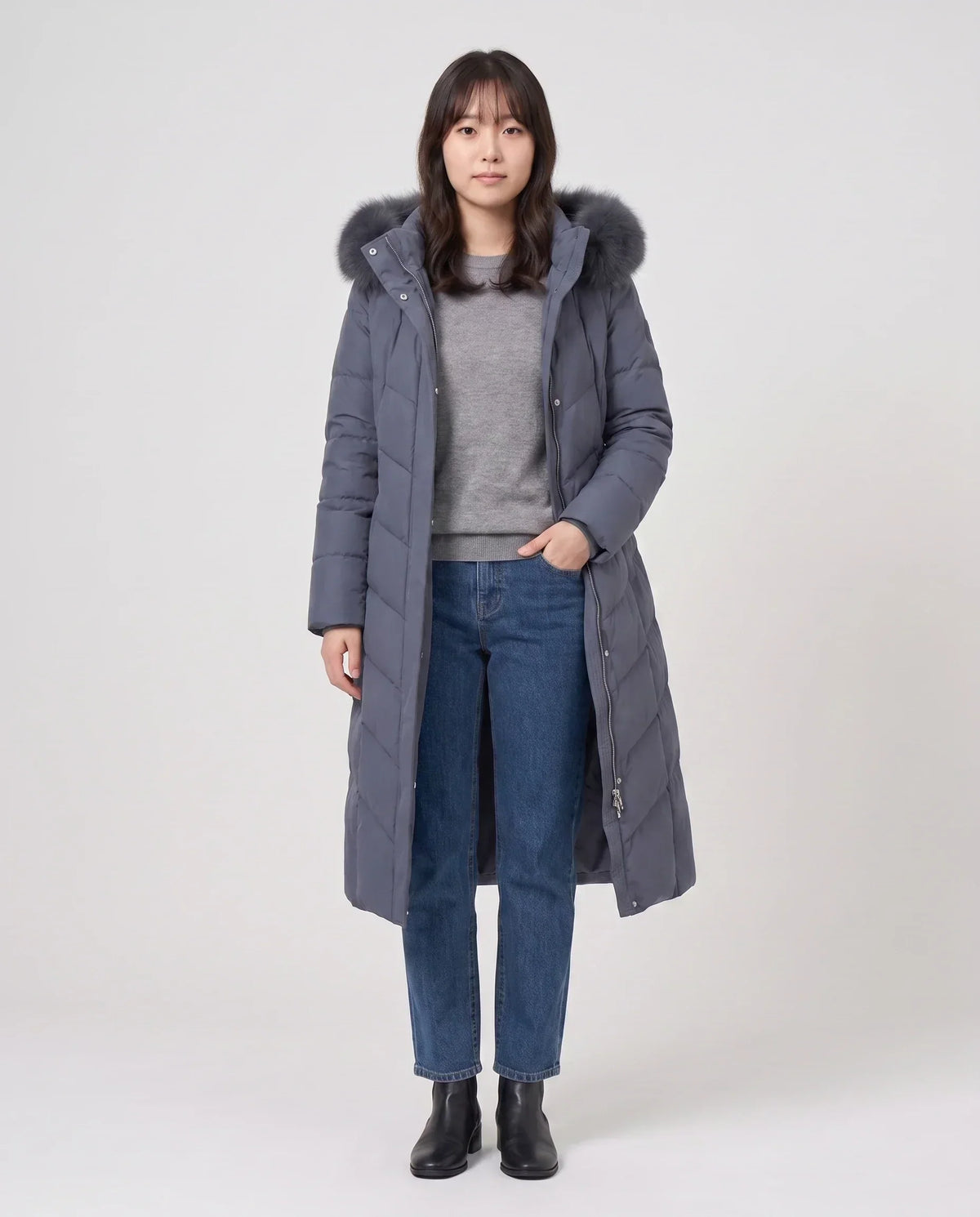 Long Fitted Puffer Parka with Faux Fur Hood
