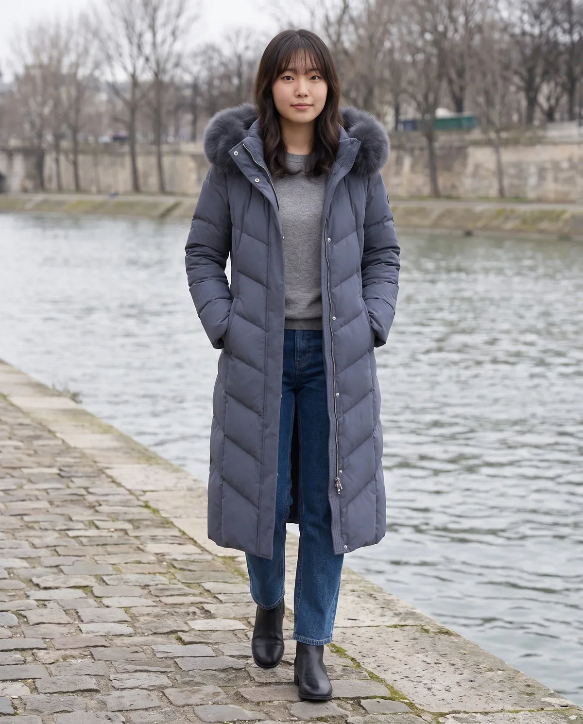 Long Fitted Puffer Parka with Faux Fur Hood