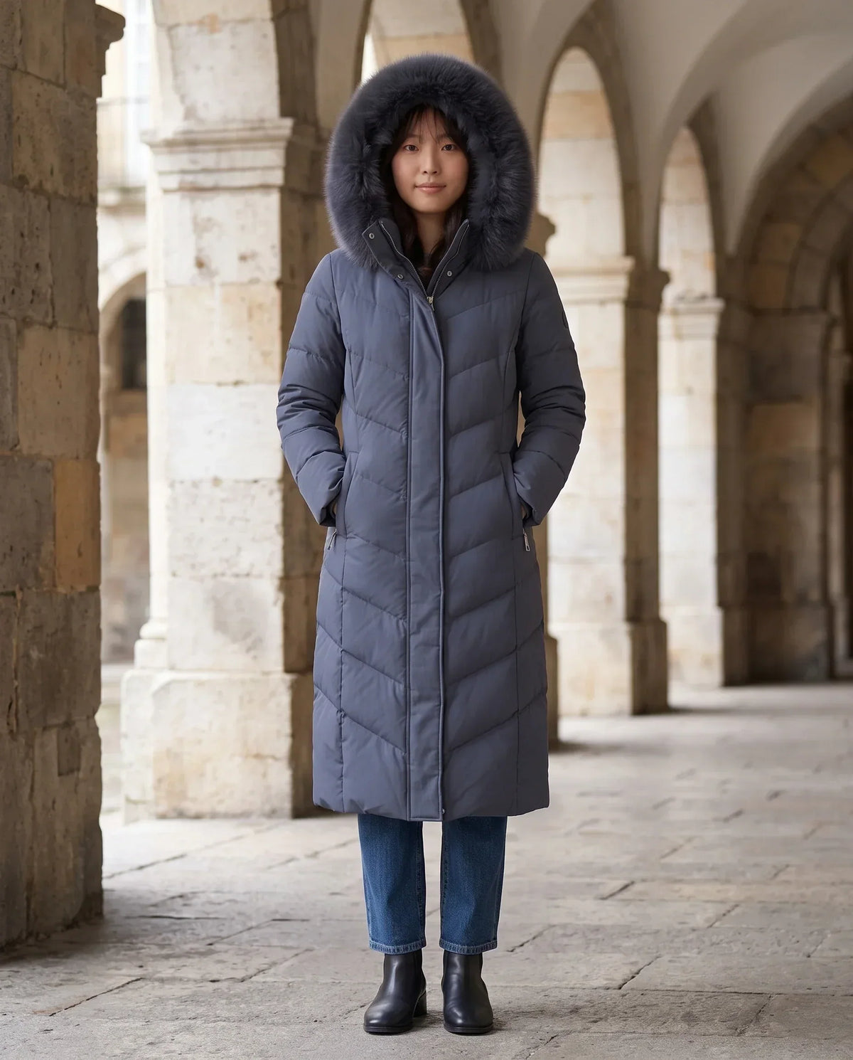 Long Fitted Puffer Parka with Faux Fur Hood