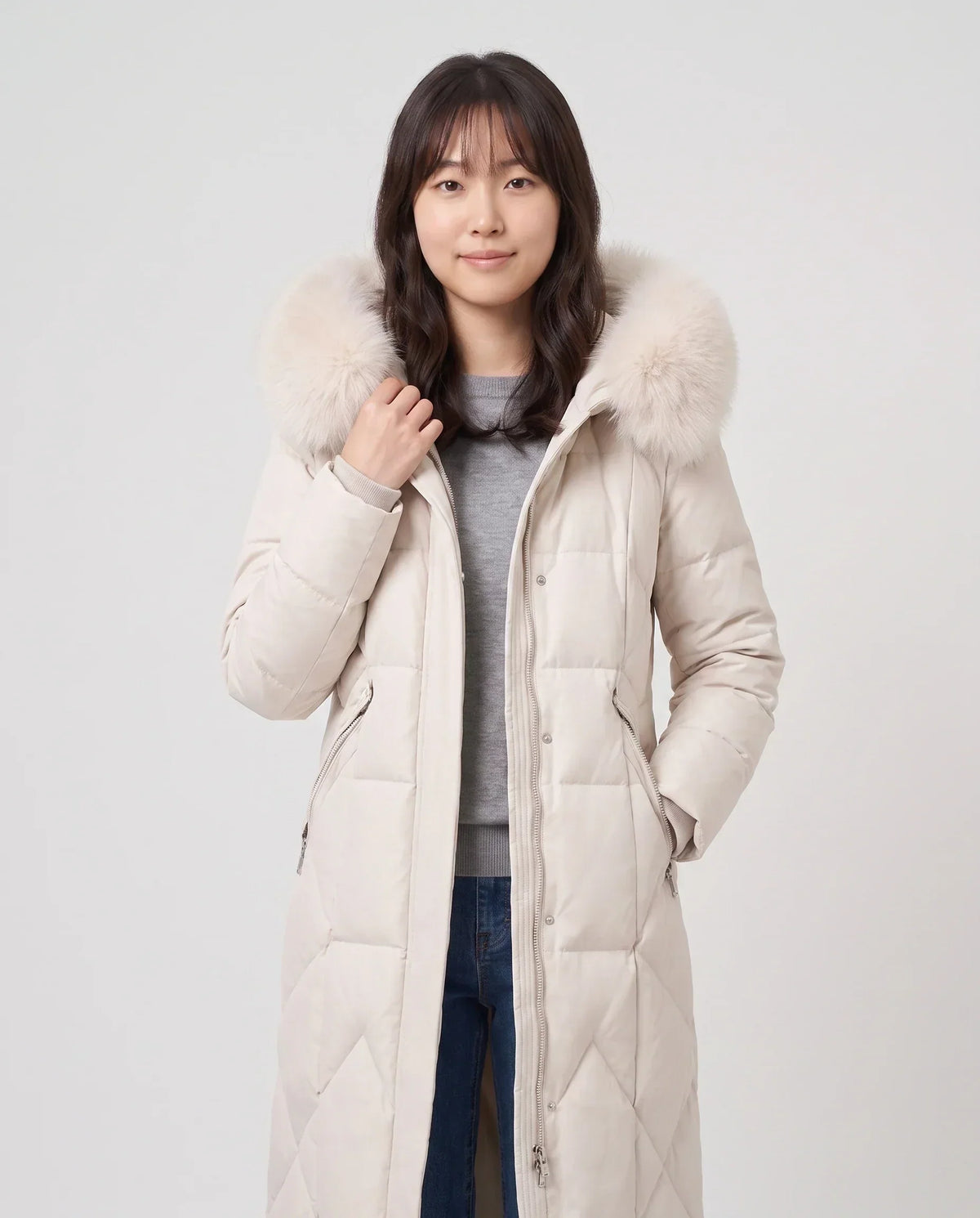 Long Fitted Puffer Parka with Faux Fur Hood